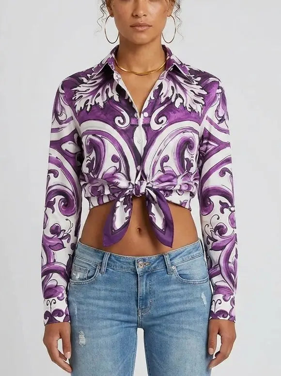 Purple Italian Print Tie-Waist Cotton Shirt - Tops