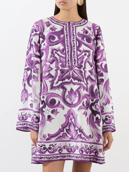 Purple Majolica-Print Short Silk Kaftan Dress - Dresses