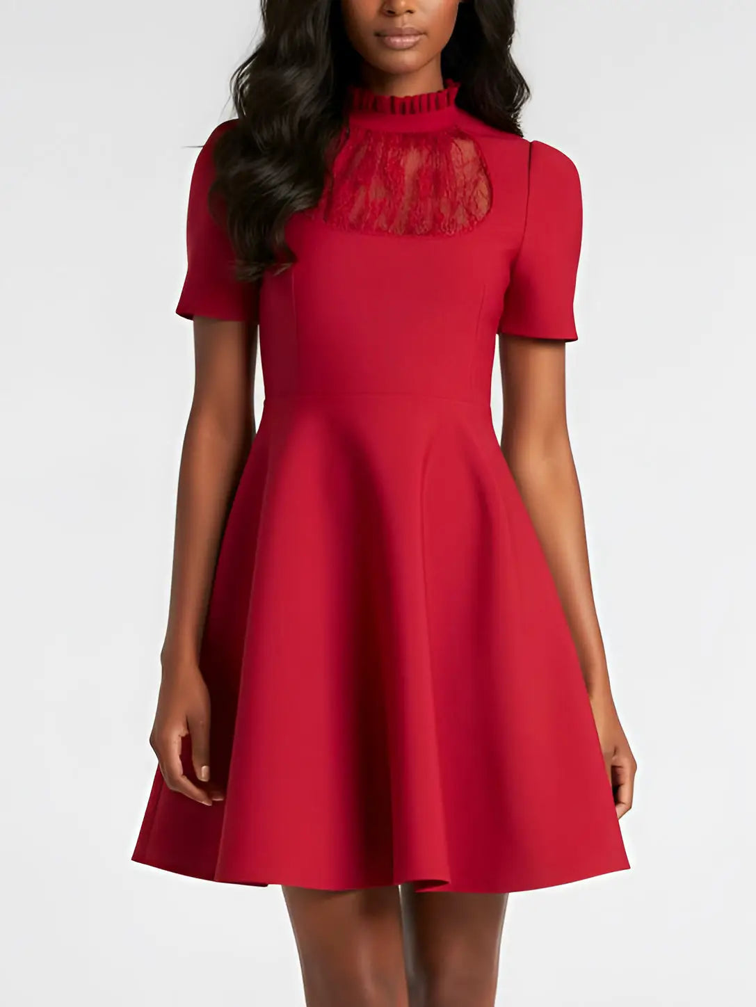 Red Fit and Flare Mini Dress with Lace Panel