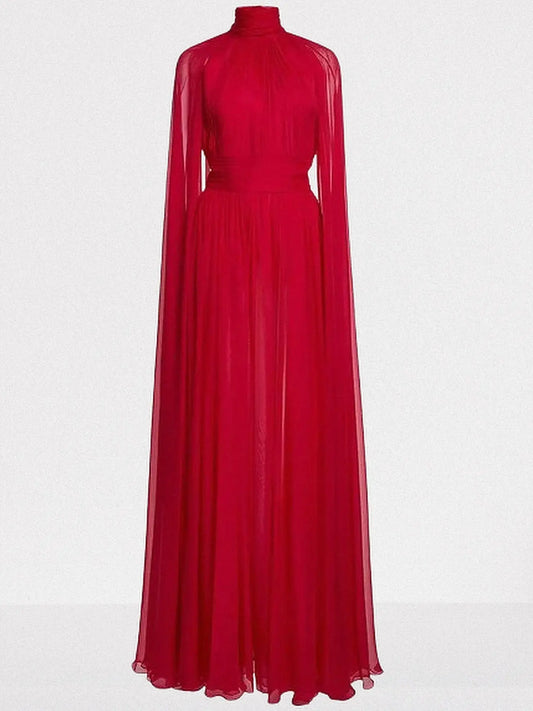 Red High-Neck Pleated Chiffon Cape Gown - Dresses