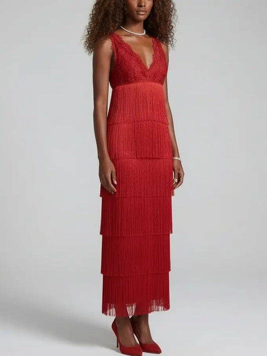 Red Lace Fringe Tiered Midi Dress - Dresses