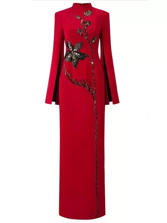 Red Long-Sleeve Gown with Black Floral Beadwork - Dresses