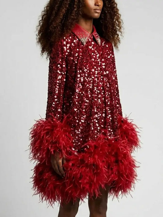 Red Paillette Feather Trim Shift Mini Dress - Dresses