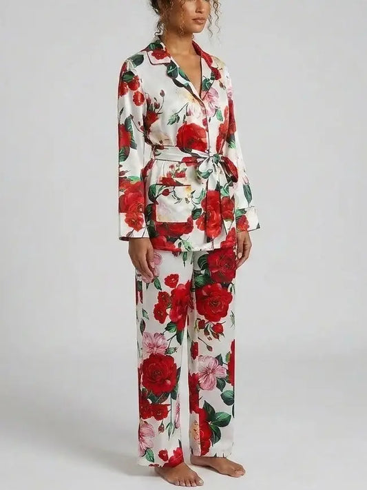 Red Rose Print Belted Shirt and Pant Set - Suits & Sets