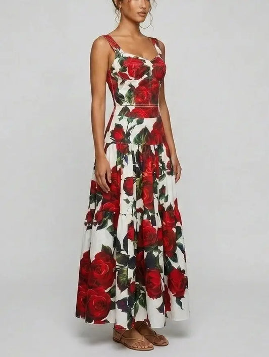 Red Rose Print Corset Top and Tiered Maxi Skirt Set - Suits & Sets