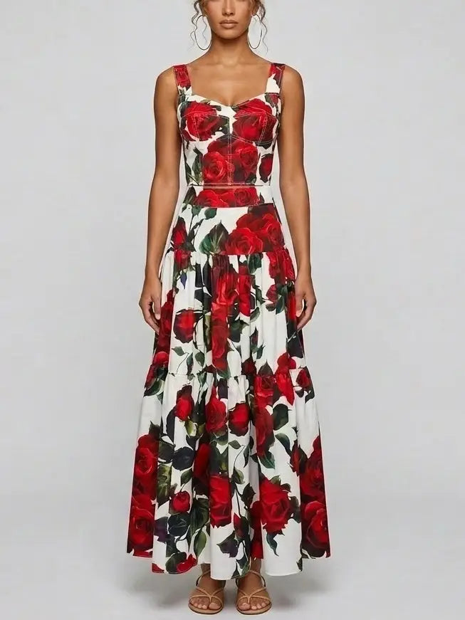 Red Rose Print Corset Top and Tiered Maxi Skirt Set - Suits & Sets