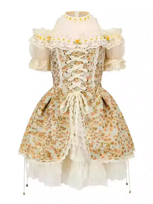 Renaissance Floral Lace Corset Mini Dress - Dresses