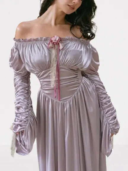 Renaissance Off-Shoulder Lavender Satin Maxi Dress - Dresses