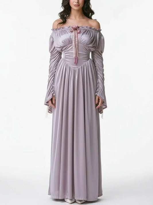 Renaissance Off-Shoulder Lavender Satin Maxi Dress - Dresses