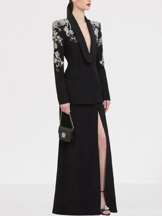 Rhinestone Embellished Black Cady Jacket and Skirt Set Suits & Sets