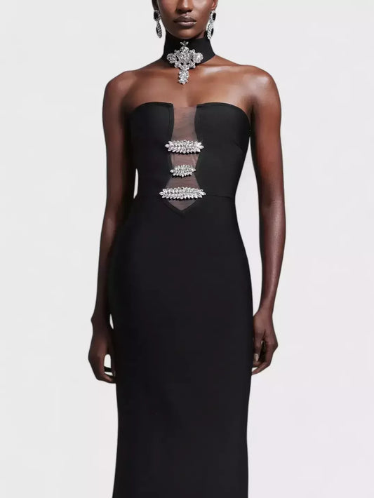 Rhinestone-Embellished Black Strapless Dress with Choker - Dresses
