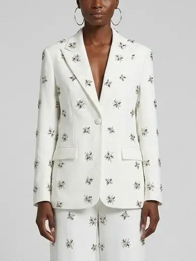 Rhinestone-Embellished Blazer and Wide-Leg Pants Suit in White - Suits & Sets