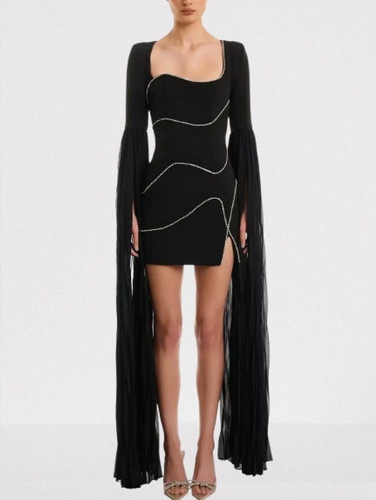 Rhinestone Black Mini Dress with Long Chiffon Sleeves - XS - Dresses