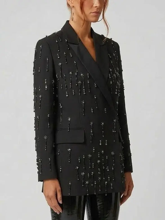 Rhinestone Embellished Blazer with Beaded Fringe - Jackets