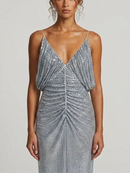 Rhinestone Embellished Draped Maxi Gown - Dresses