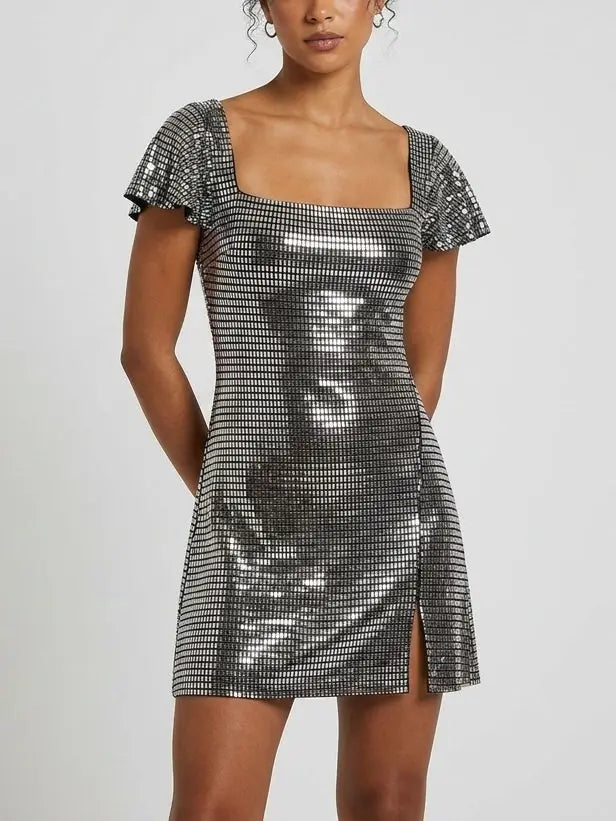 Rhinestone Embellished Flutter Sleeve Mini Dress - Dresses