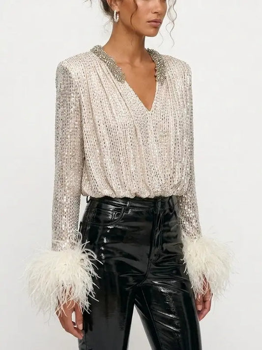 Rhinestone Feather Cuff V Neck Blouse in Champagne - Tops