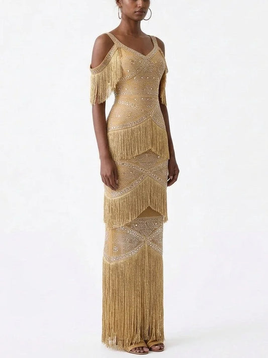 Rhinestone Fringe Evening Gown with Cutout Shoulders - Dresses