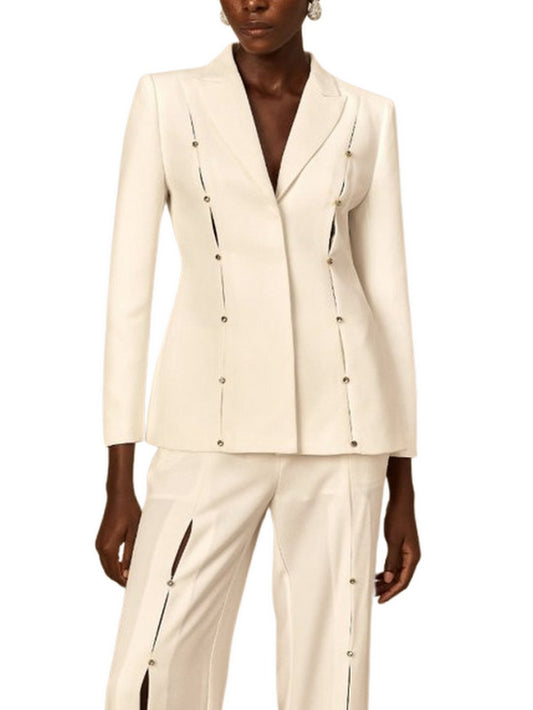 Rhinestone Stud-Embellished White Blazer and Pant Set - Suits & Sets