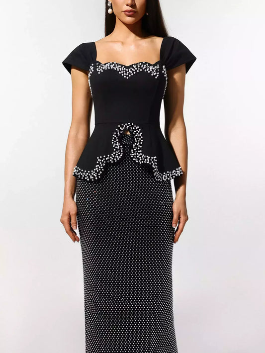 Rhinestone and Pearl Embellished Black Top and Skirt Set Suits & Sets