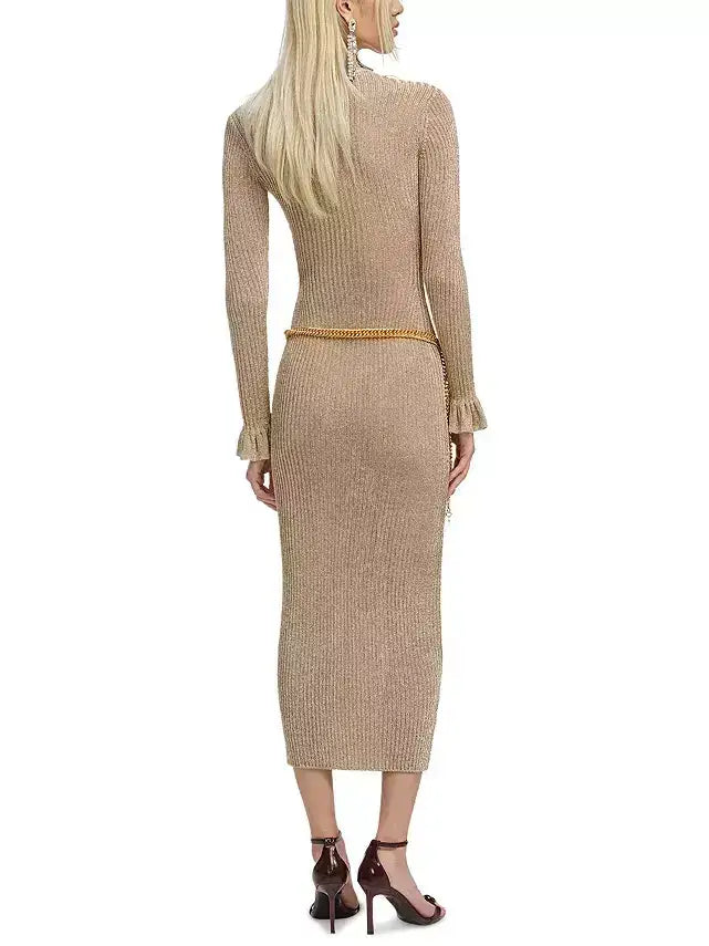 Ribbed Knit Beige Midi Dress with Chain Belt - Dresses