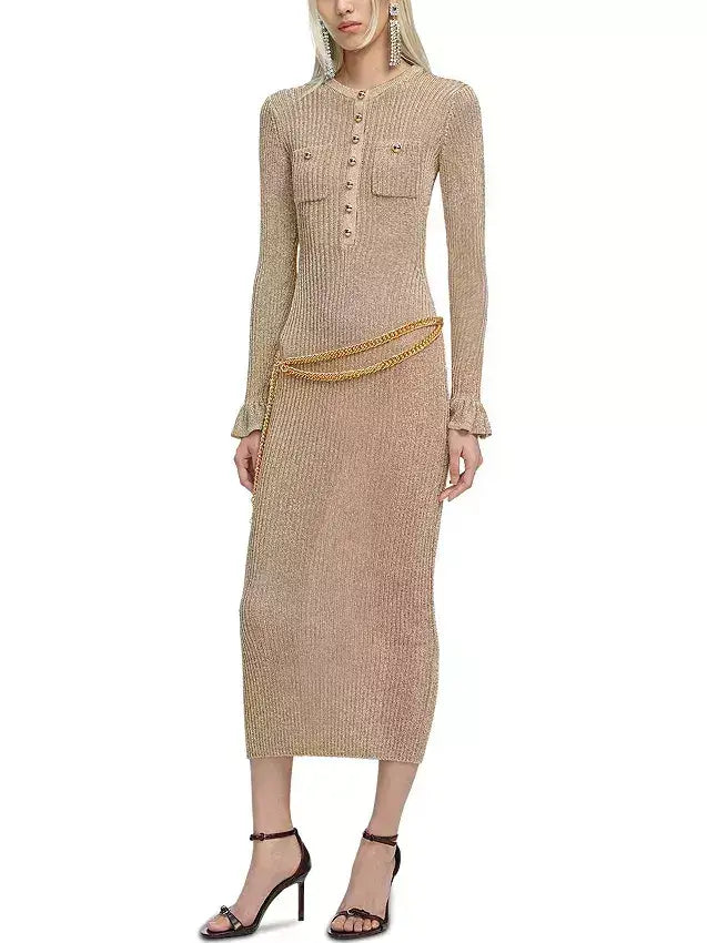 Ribbed Knit Beige Midi Dress with Chain Belt - Dresses