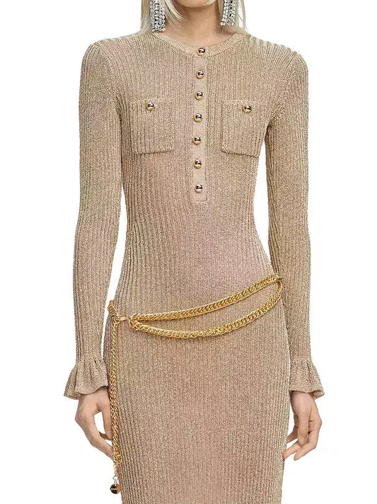 Ribbed Knit Beige Midi Dress with Chain Belt - Dresses