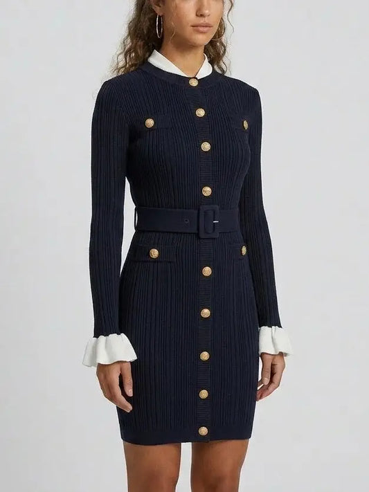 Ribbed Knit Gold-Button Long Sleeve Mini Dress - Dresses