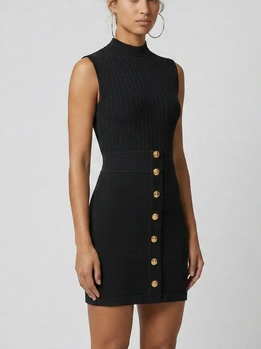 Ribbed Knit Gold-Button Sleeveless Mini Dress - Dresses
