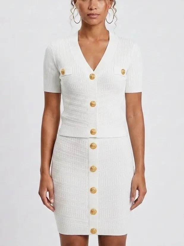 Ribbed Knit Gold-Button Top and Skirt Set - S / White - Suits & Sets