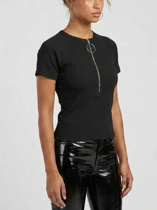 Ribbed Knit Ring-Zip Black Top - Tops