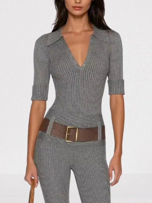 Ribbed Polo Bodysuit and Matching Belted Pant Set - Suits & Sets