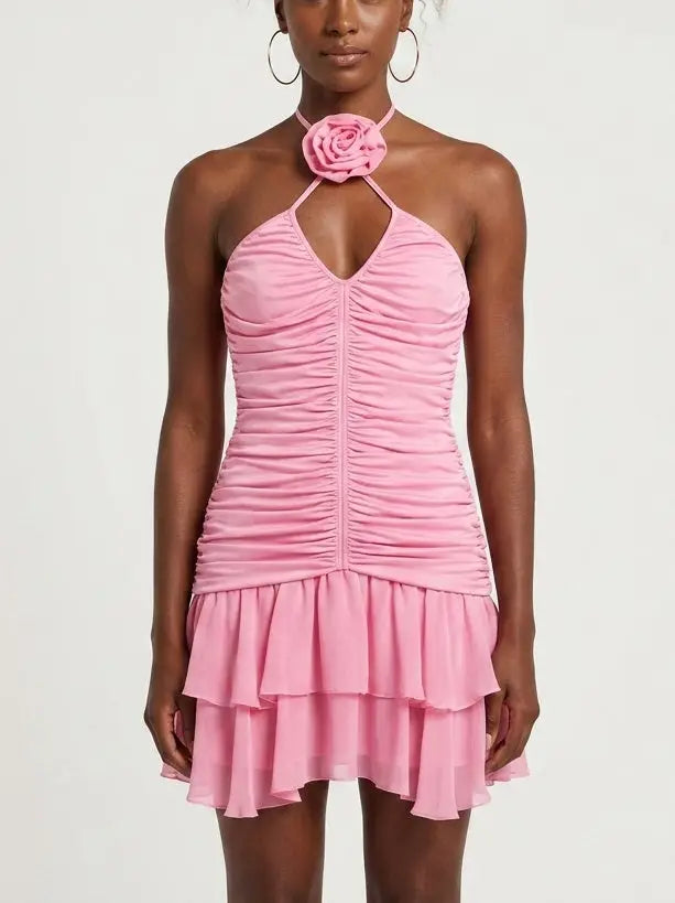 lace-trim ruched mini dress in small rose print Rose-Appliqué Pink Ruched Mini Dress