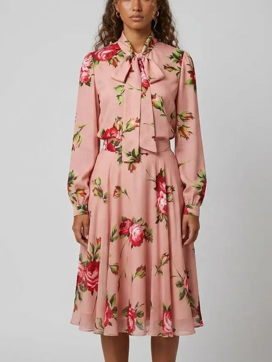 Floral Print Silk Chiffon Cropped Blouse and Skirt Set - Suits & Sets