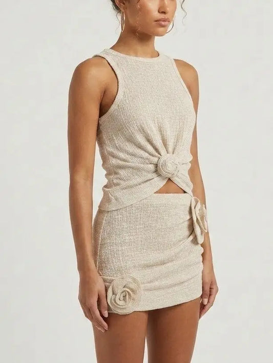 Rose Applique Twist-Front Top and Mini Skirt Set - Suits & Sets