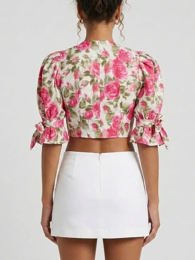 Rose Print Puff Sleeve Cropped Cotton Blouse - Tops