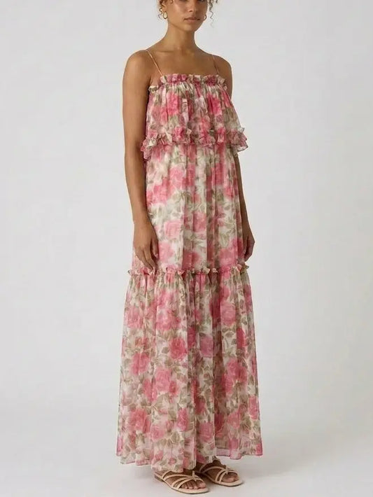 Rose Print Silk Chiffon Ruffle Tiered Maxi Dress - Dresses