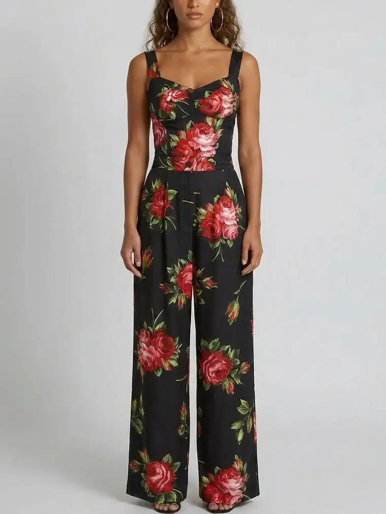 Rose Print Silk Corset Top and Pant Set - Suits & Sets