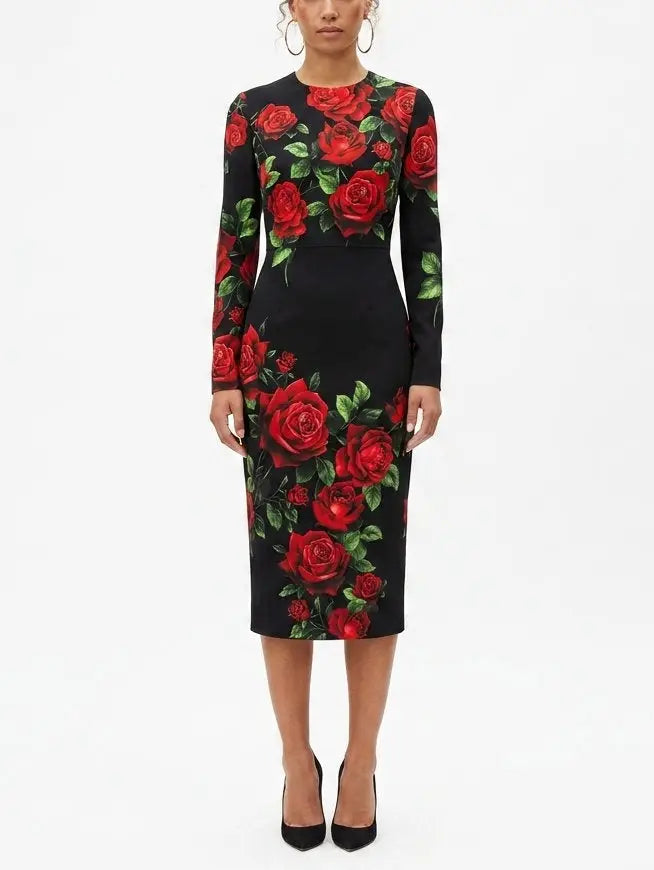 Rose Print Silk Long Sleeve Sheath Dress - Dresses