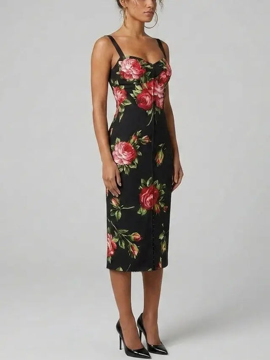 Rose Print Silk Sheath Midi Dress - Dresses