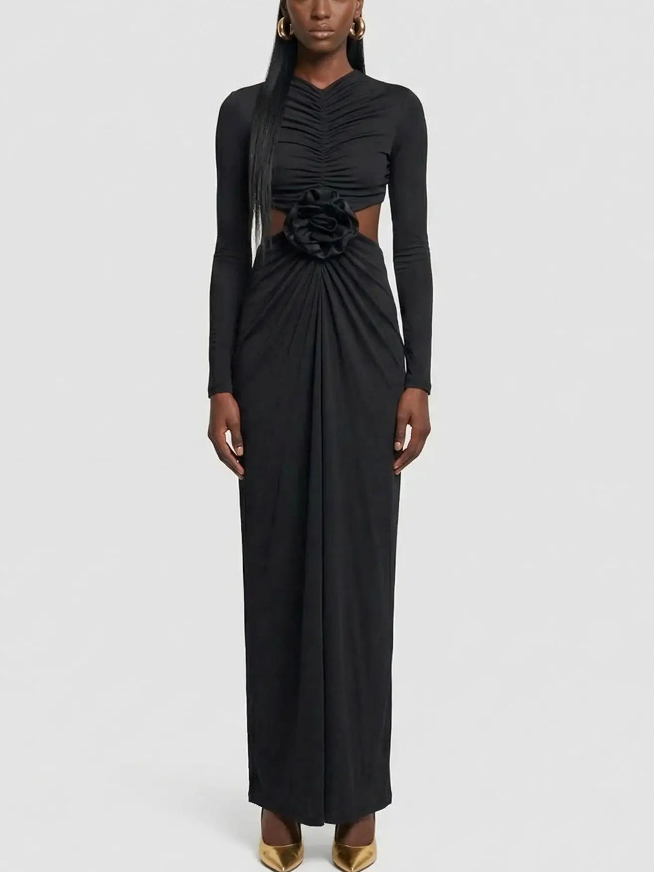 Ruched Cutout Long-Sleeve Jersey Maxi Dress - Dresses