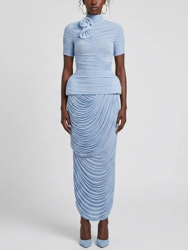 Ruched High Neck Top and Draped Maxi Skirt Set - Suits & Sets