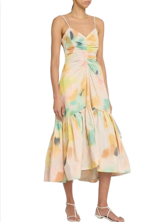 Ruched Tie-Dye Fit and Flare Midi Dress - Dresses