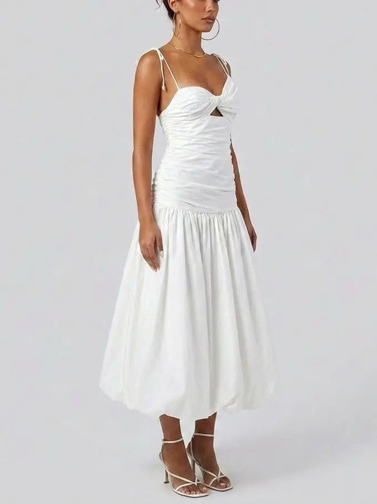 Ruched White Bubble Hem Midi Dress - Dresses