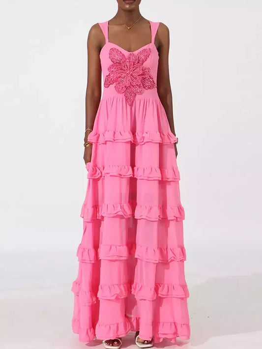 Ruffle-Tiered Embellished Maxi Dress in Fuchsia - S - Dresses