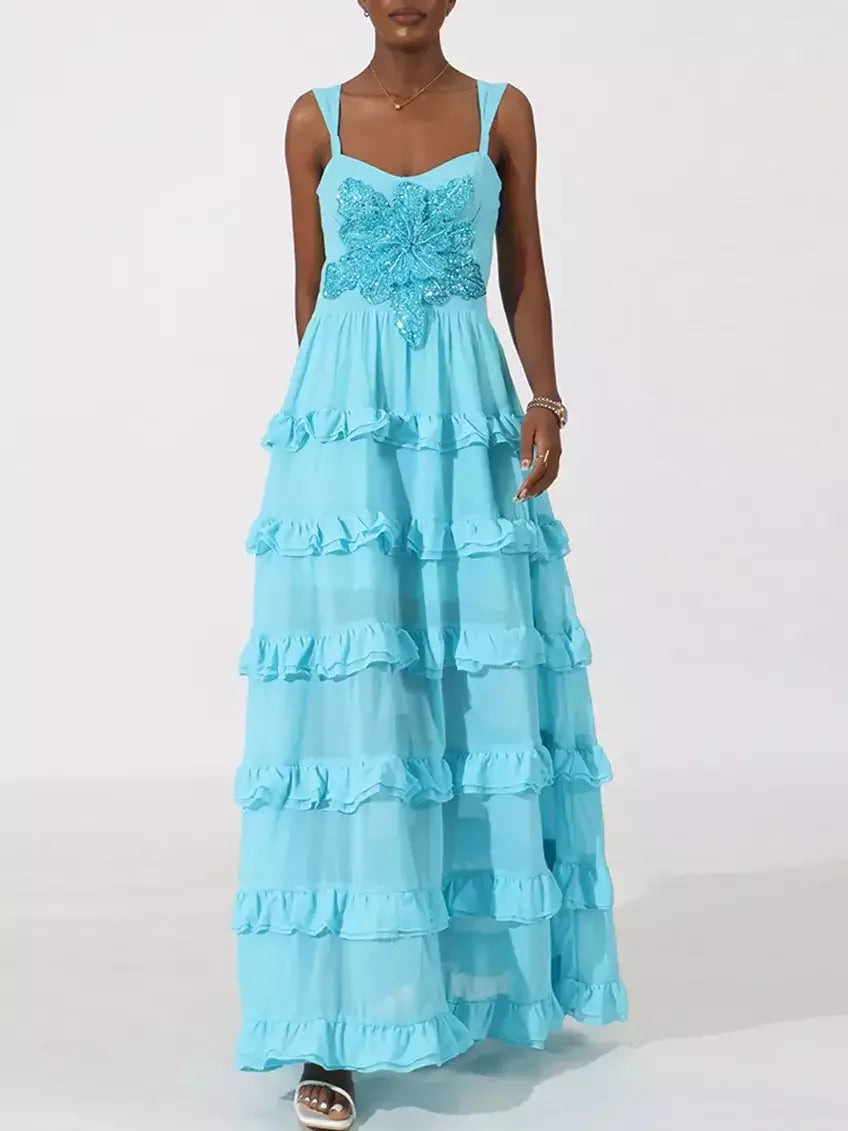 Ruffle-Tiered Embellished Maxi Dress in Sky Blue - Dresses