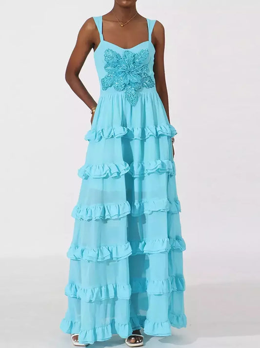 Ruffle-Tiered Embellished Maxi Dress in Sky Blue - Dresses