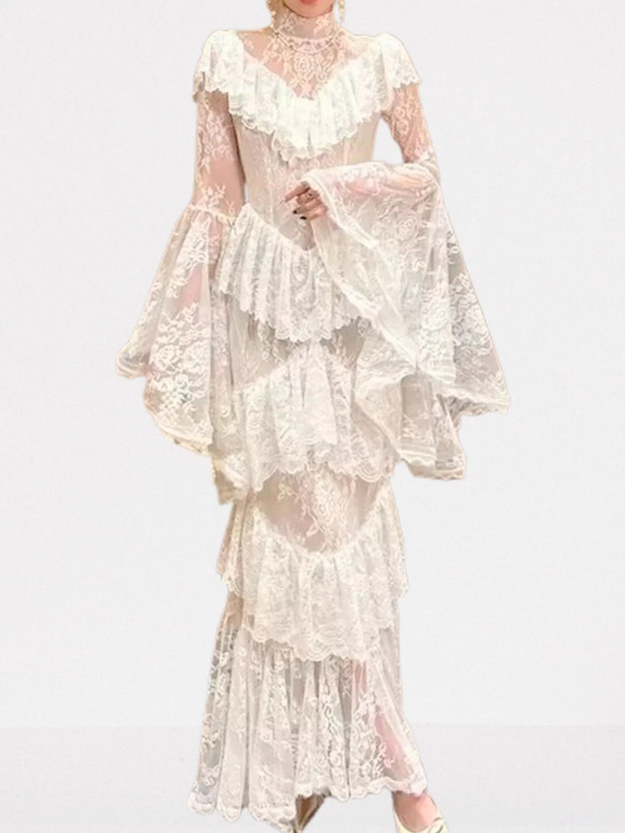 Ruffle-Tiered Paneled Lace Maxi Dress - S / White - Dresses