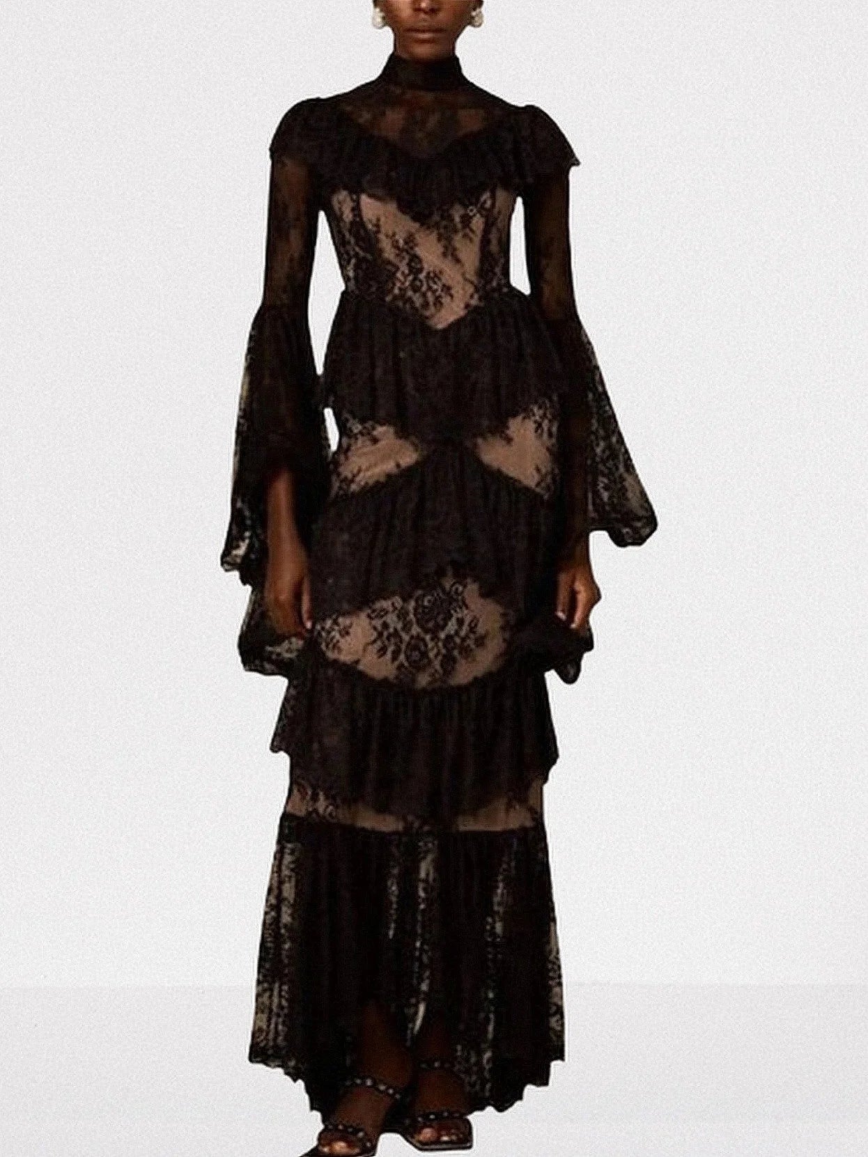 Ruffle Tiered Paneled Lace Maxi Dress Dresses