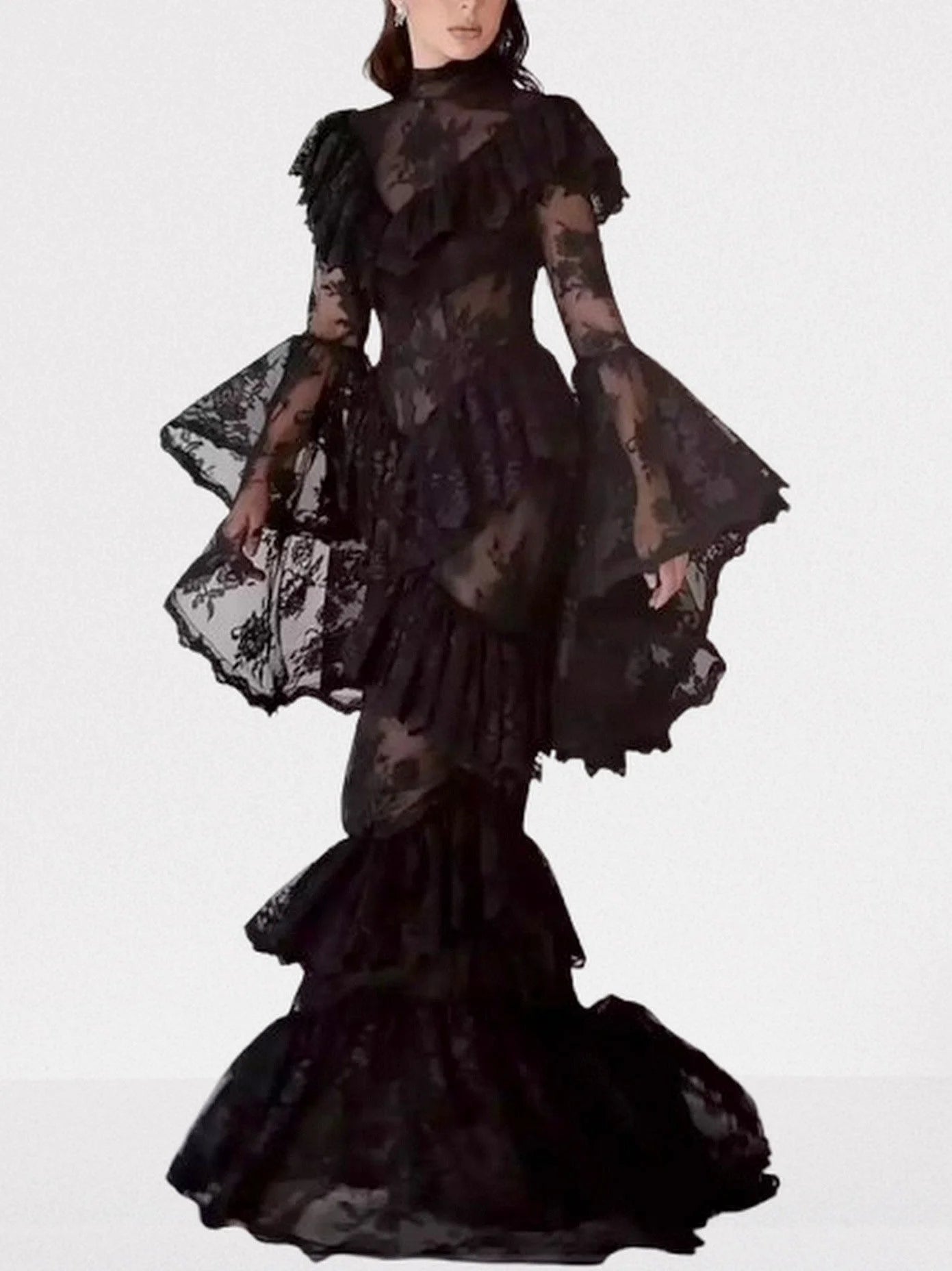 Ruffle Tiered Paneled Lace Maxi Dress Dresses